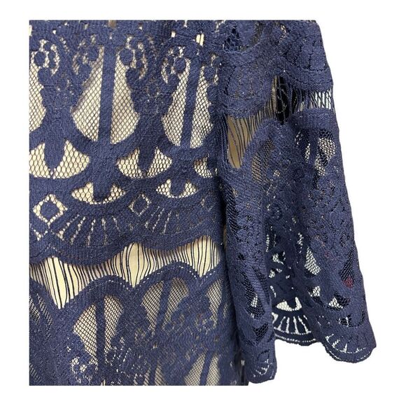 {tl} The Letter Top Women’s L Blue Crop Lace Mesh Abstract Romantic Short Sleeve - Picture 11 of 14